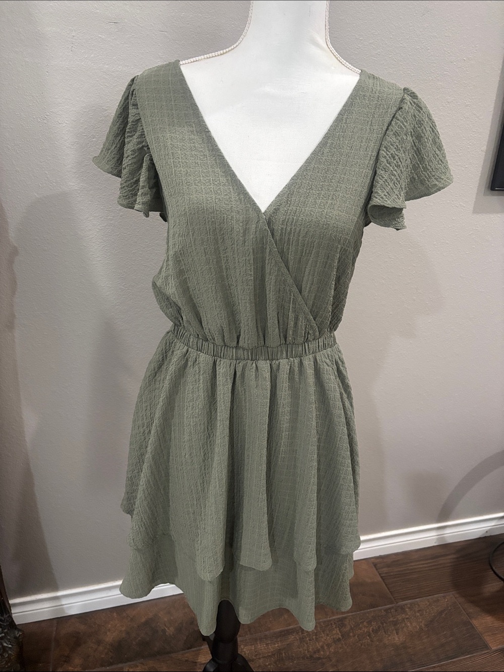 Olive Green V-Neck Tiered Mini Dress